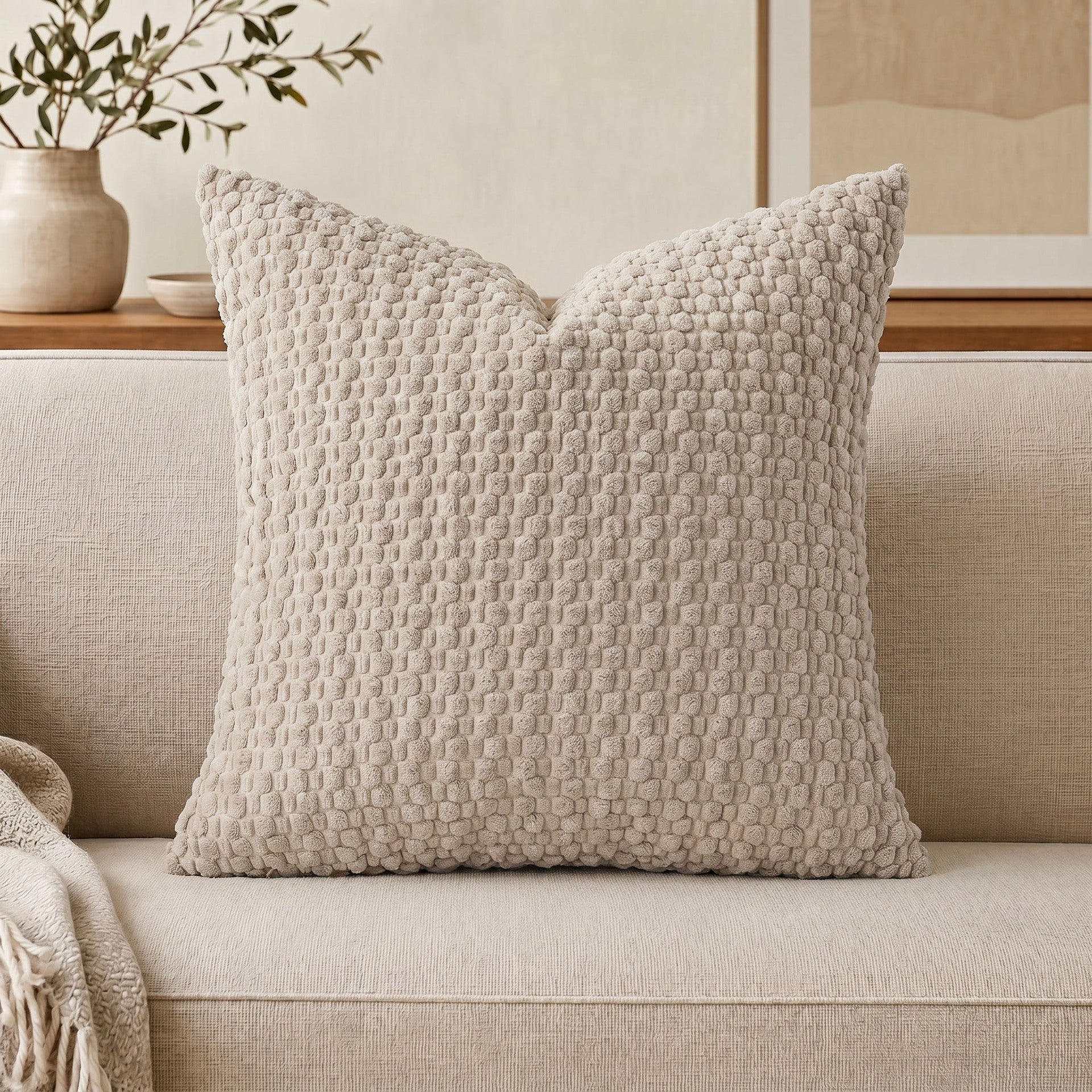 WAZZIO Textured Corduroy Throw Pillow – Soft Bubble Grid Cushion with Hidden Zipper & Down-Alternative Insert