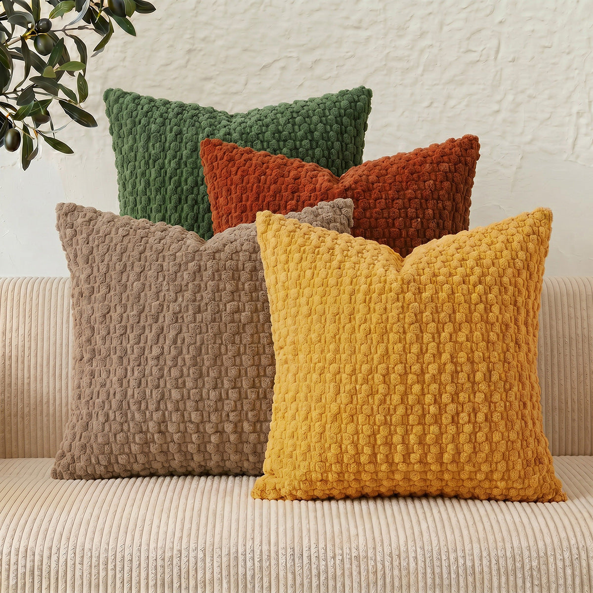 WAZZIO Textured Corduroy Throw Pillow – Soft Bubble Grid Cushion with Hidden Zipper & Down-Alternative Insert