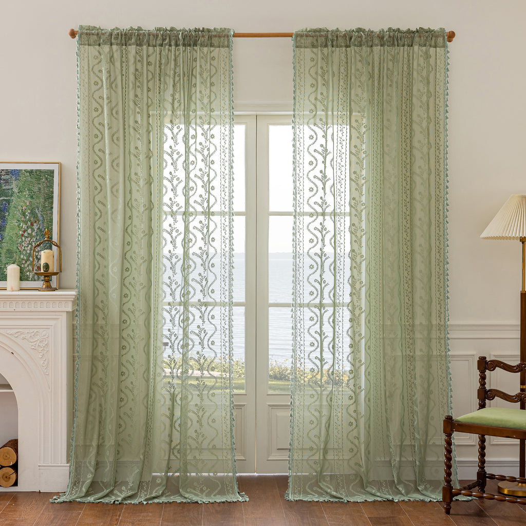 Sage Boho Lace Sheer Curtain Panel with Tassel Trim – Light-Filtering Window Drape for Living Room & Bedroom(2 Panels)