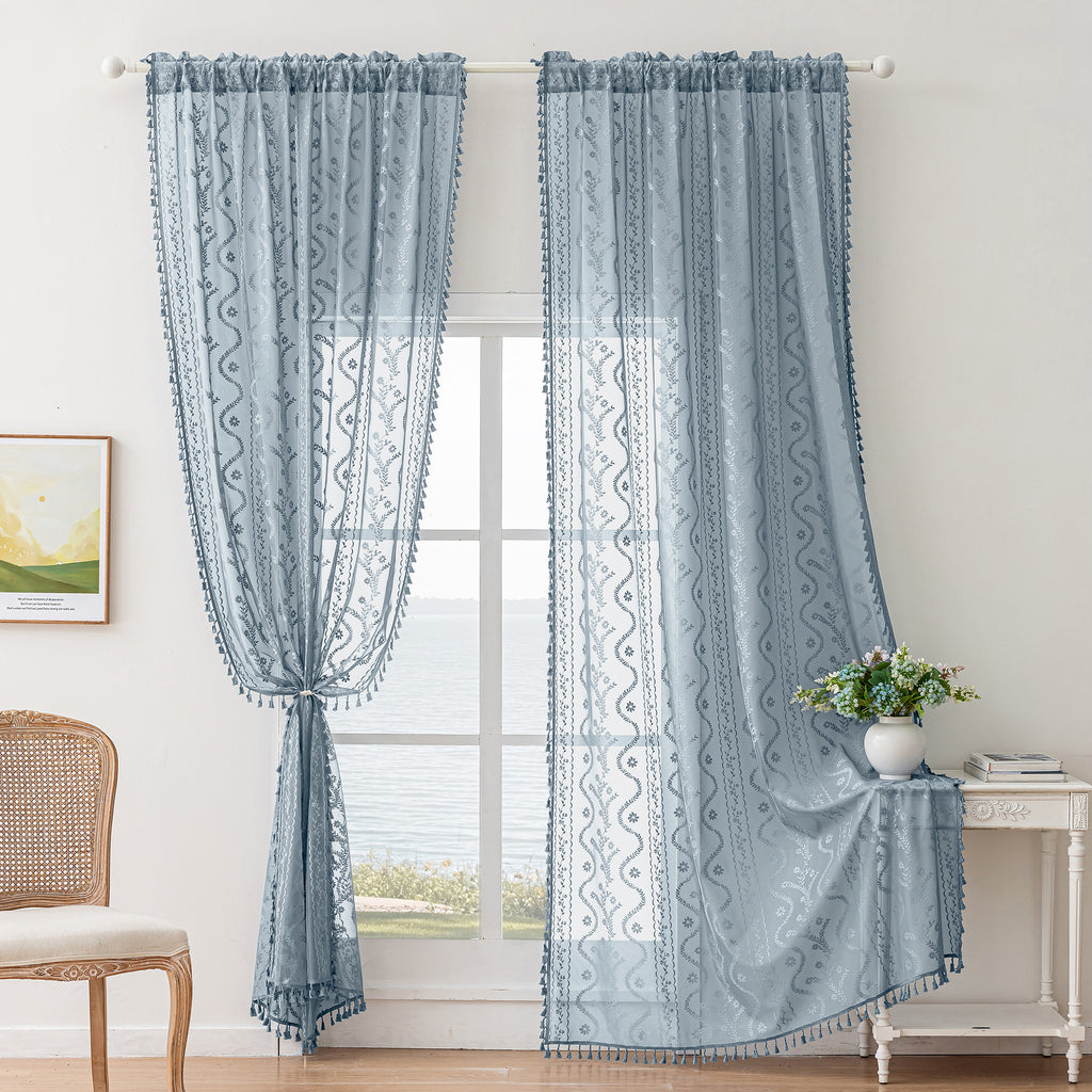 Dusty Blue Boho Lace Sheer Curtain Panel with Tassel Trim – Light-Filtering Window Drape for Living Room & Bedroom(2 Panels)