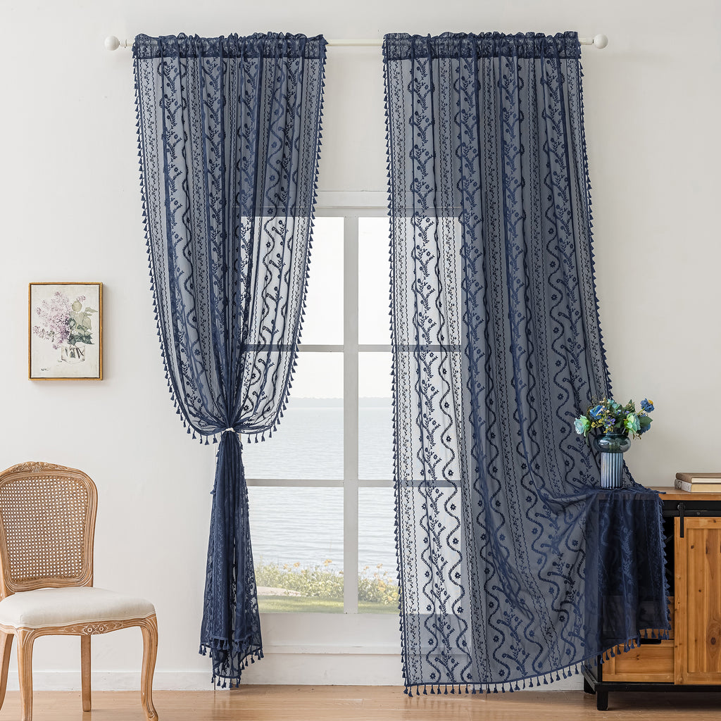 Navy Blue Boho Lace Sheer Curtain Panel with Tassel Trim – Light-Filtering Window Drape for Living Room & Bedroom(2 Panels)