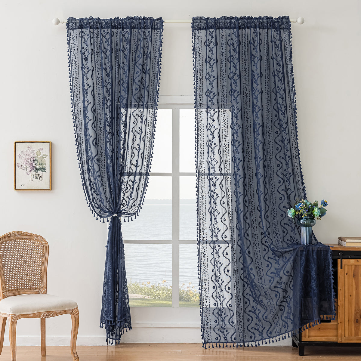 Navy Blue Boho Lace Sheer Curtain Panel with Tassel Trim – Light-Filtering Window Drape for Living Room & Bedroom(2 Panels)