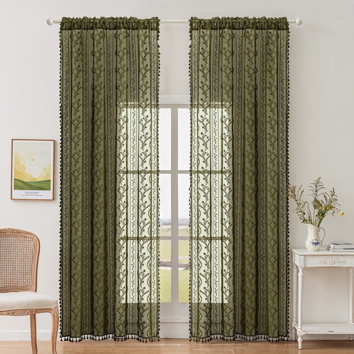 Olive Green Boho Lace Sheer Curtain Panel with Tassel Trim – Light-Filtering Window Drape for Living Room & Bedroom(2 Panels)