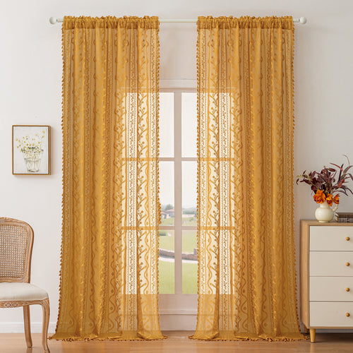 Marigold Boho Lace Sheer Curtain Panel with Tassel Trim – Light-Filtering Window Drape for Living Room & Bedroom(2 Panels)
