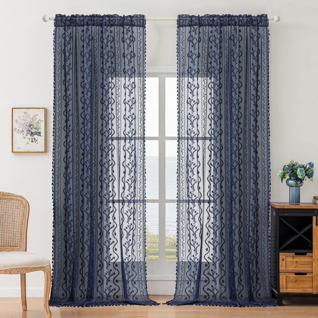 Navy Blue Boho Lace Sheer Curtain Panel with Tassel Trim – Light-Filtering Window Drape for Living Room & Bedroom(2 Panels)