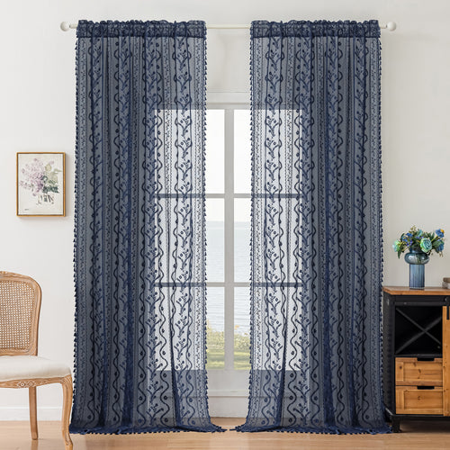 Navy Blue Boho Lace Sheer Curtain Panel with Tassel Trim – Light-Filtering Window Drape for Living Room & Bedroom(2 Panels)