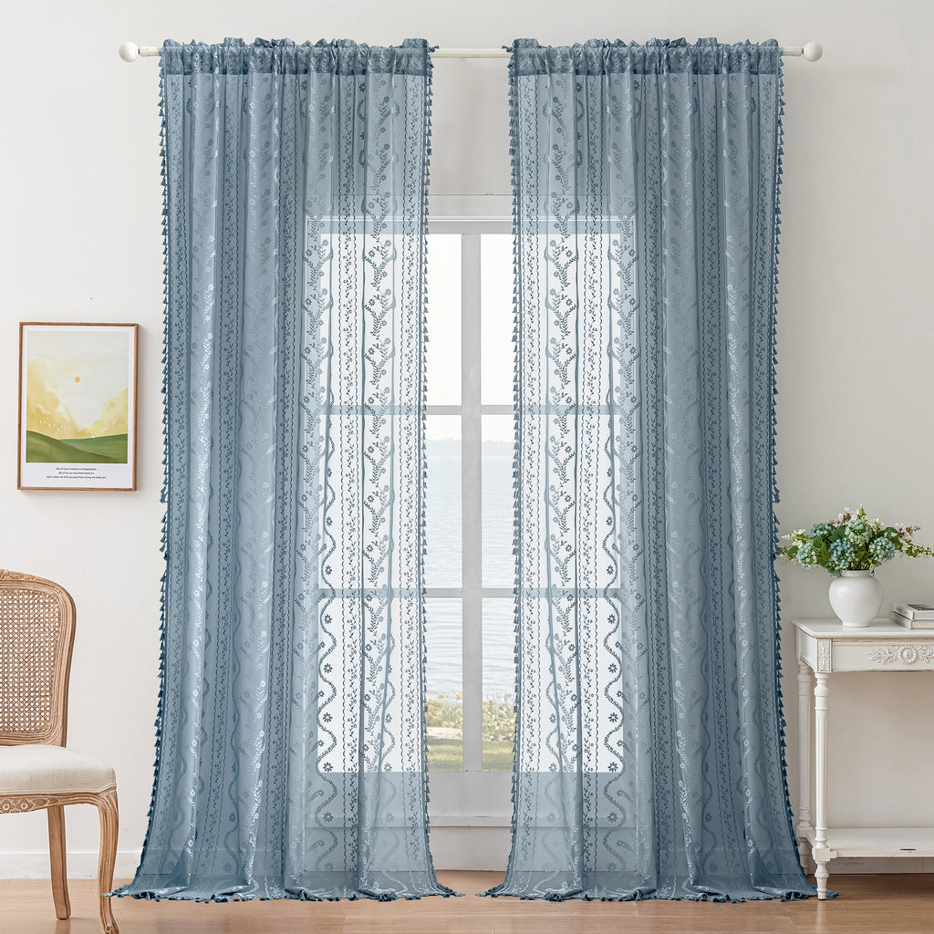 Dusty Blue Boho Lace Sheer Curtain Panel with Tassel Trim – Light-Filtering Window Drape for Living Room & Bedroom(2 Panels)