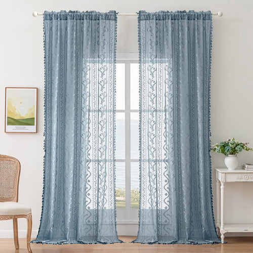 Dusty Blue Boho Lace Sheer Curtain Panel with Tassel Trim – Light-Filtering Window Drape for Living Room & Bedroom(2 Panels)