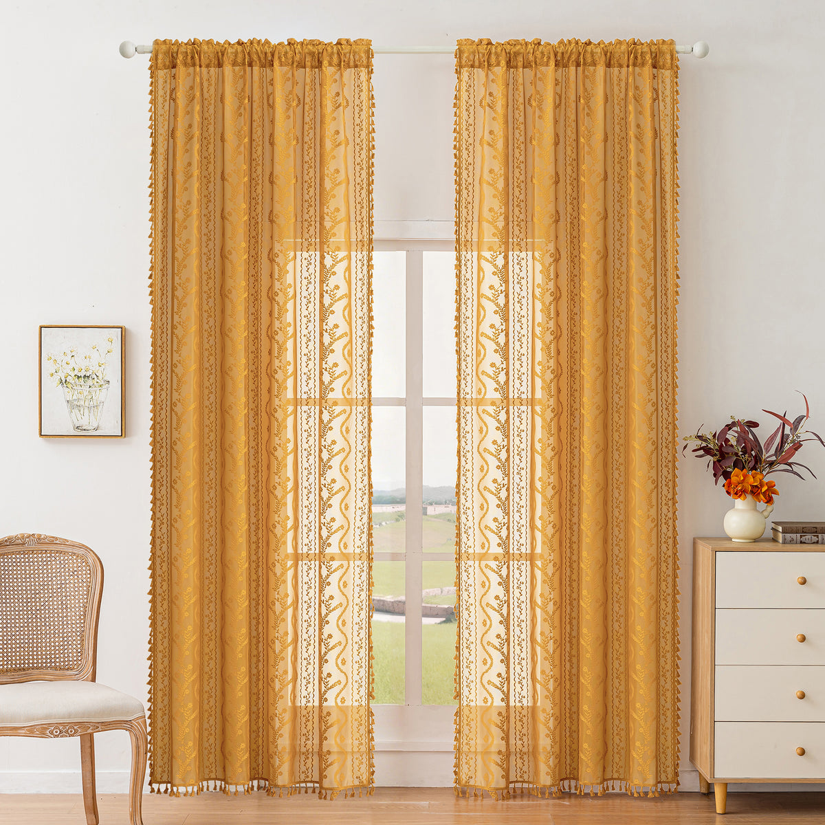 Marigold Boho Lace Sheer Curtain Panel with Tassel Trim – Light-Filtering Window Drape for Living Room & Bedroom(2 Panels)