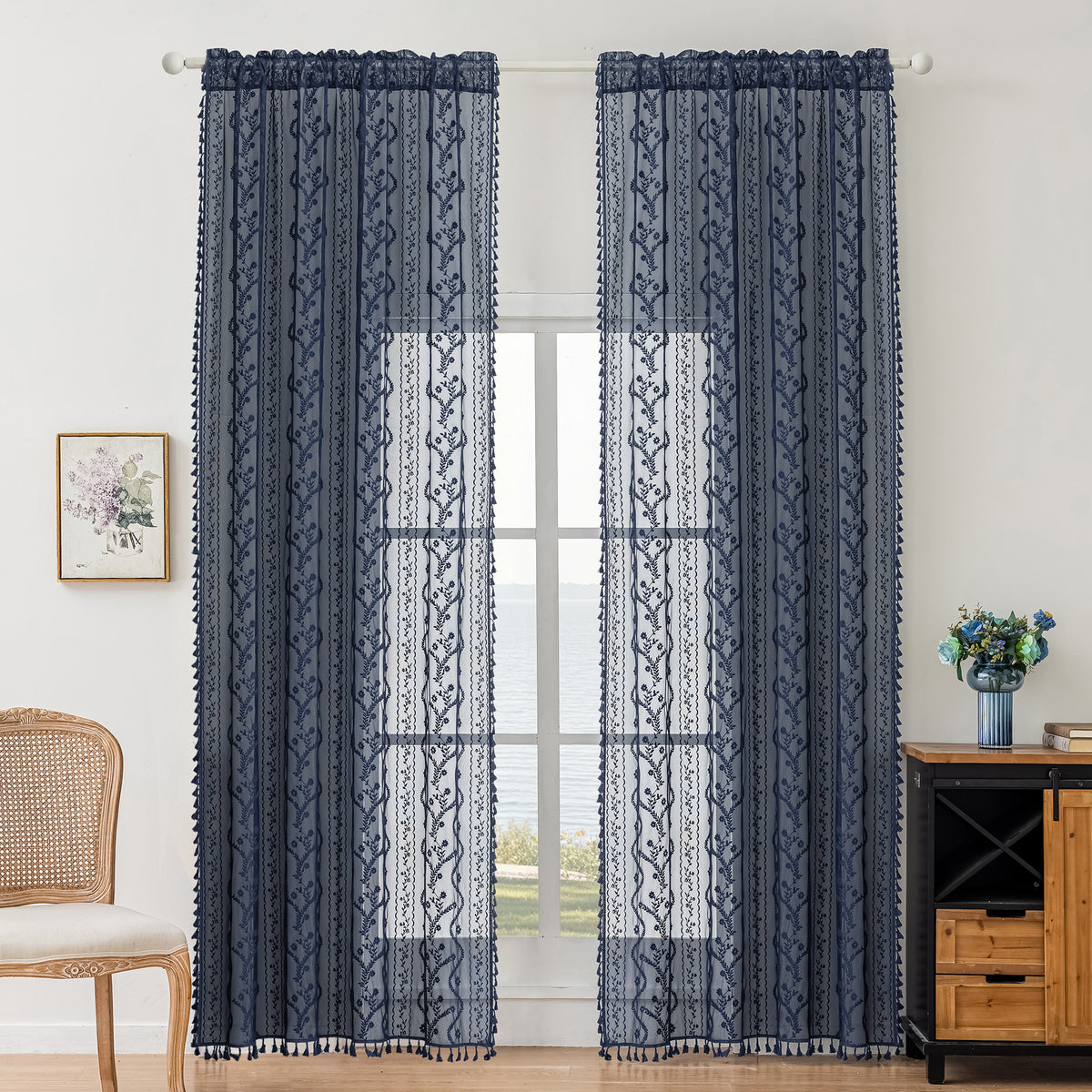 Navy Blue Boho Lace Sheer Curtain Panel with Tassel Trim – Light-Filtering Window Drape for Living Room & Bedroom(2 Panels)