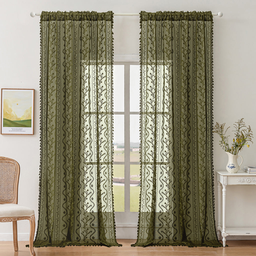 Olive Green Boho Lace Sheer Curtain Panel with Tassel Trim – Light-Filtering Window Drape for Living Room & Bedroom(2 Panels)