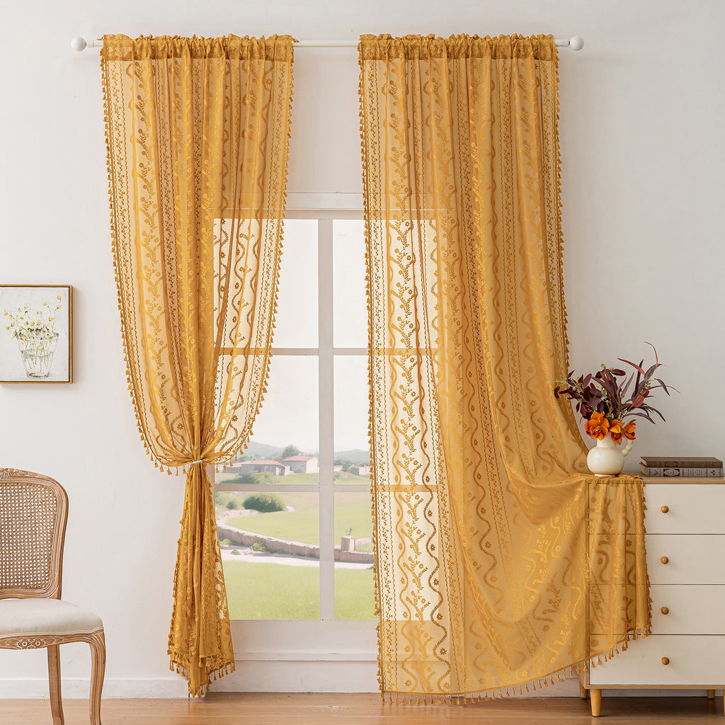 Marigold Boho Lace Sheer Curtain Panel with Tassel Trim – Light-Filtering Window Drape for Living Room & Bedroom(2 Panels)
