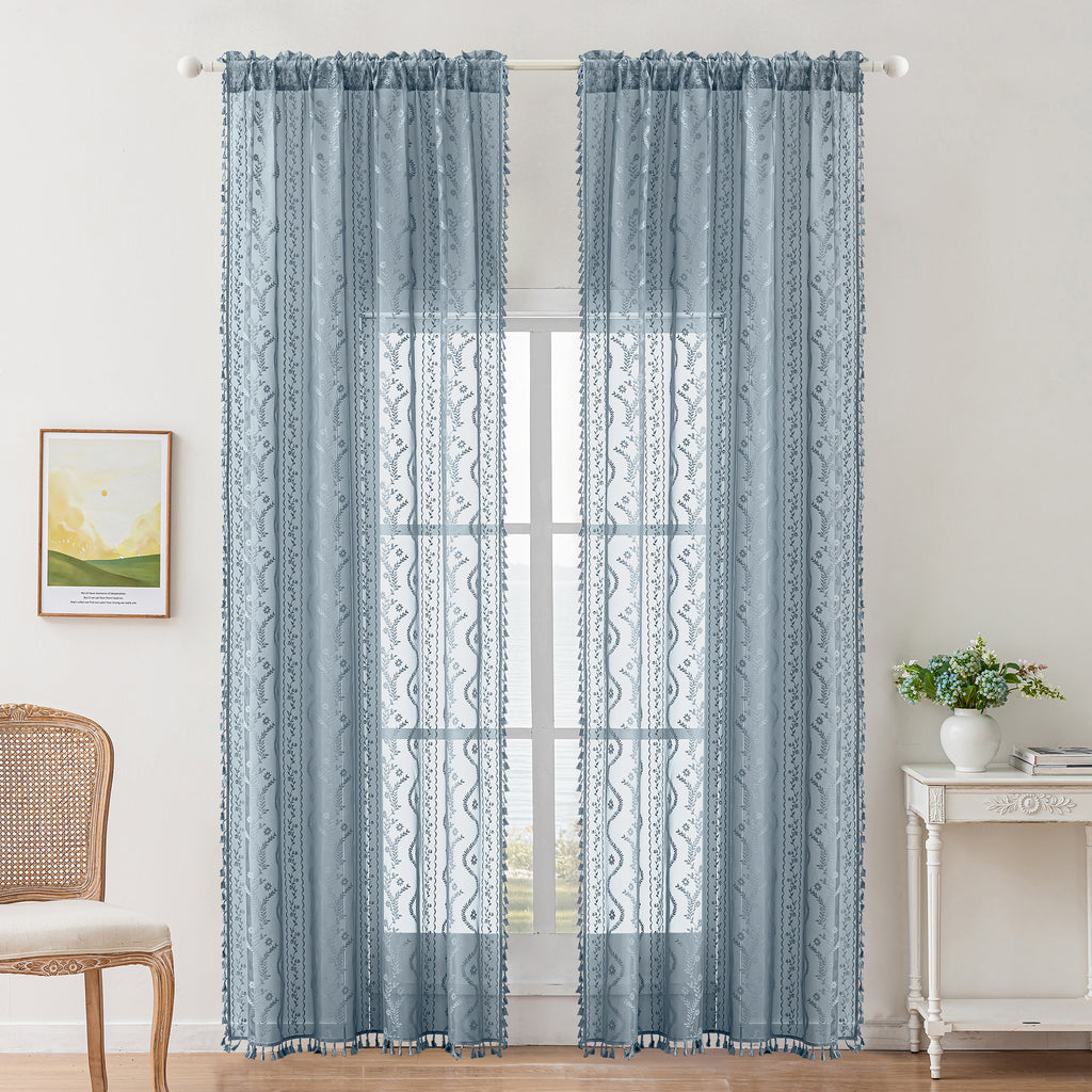 Dusty Blue Boho Lace Sheer Curtain Panel with Tassel Trim – Light-Filtering Window Drape for Living Room & Bedroom(2 Panels)