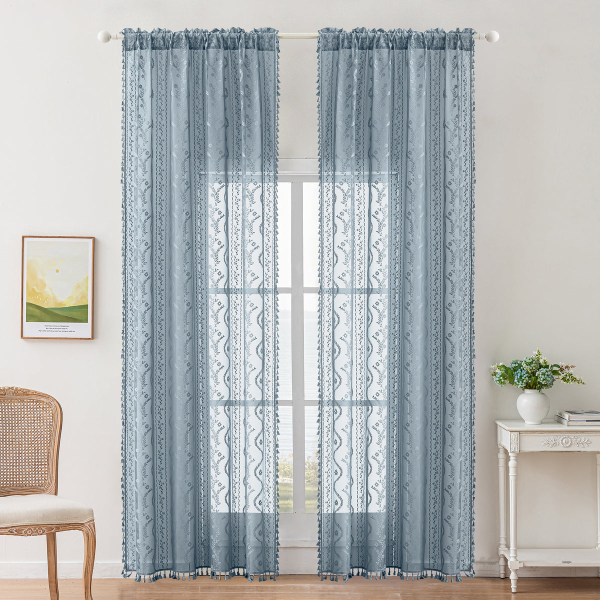 Dusty Blue Boho Lace Sheer Curtain Panel with Tassel Trim – Light-Filtering Window Drape for Living Room & Bedroom(2 Panels)