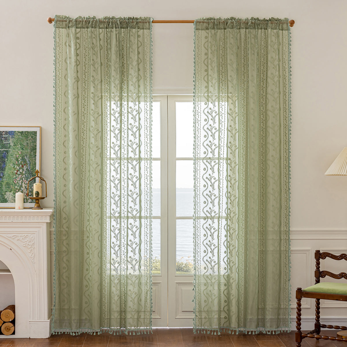 Sage Boho Lace Sheer Curtain Panel with Tassel Trim – Light-Filtering Window Drape for Living Room & Bedroom(2 Panels)