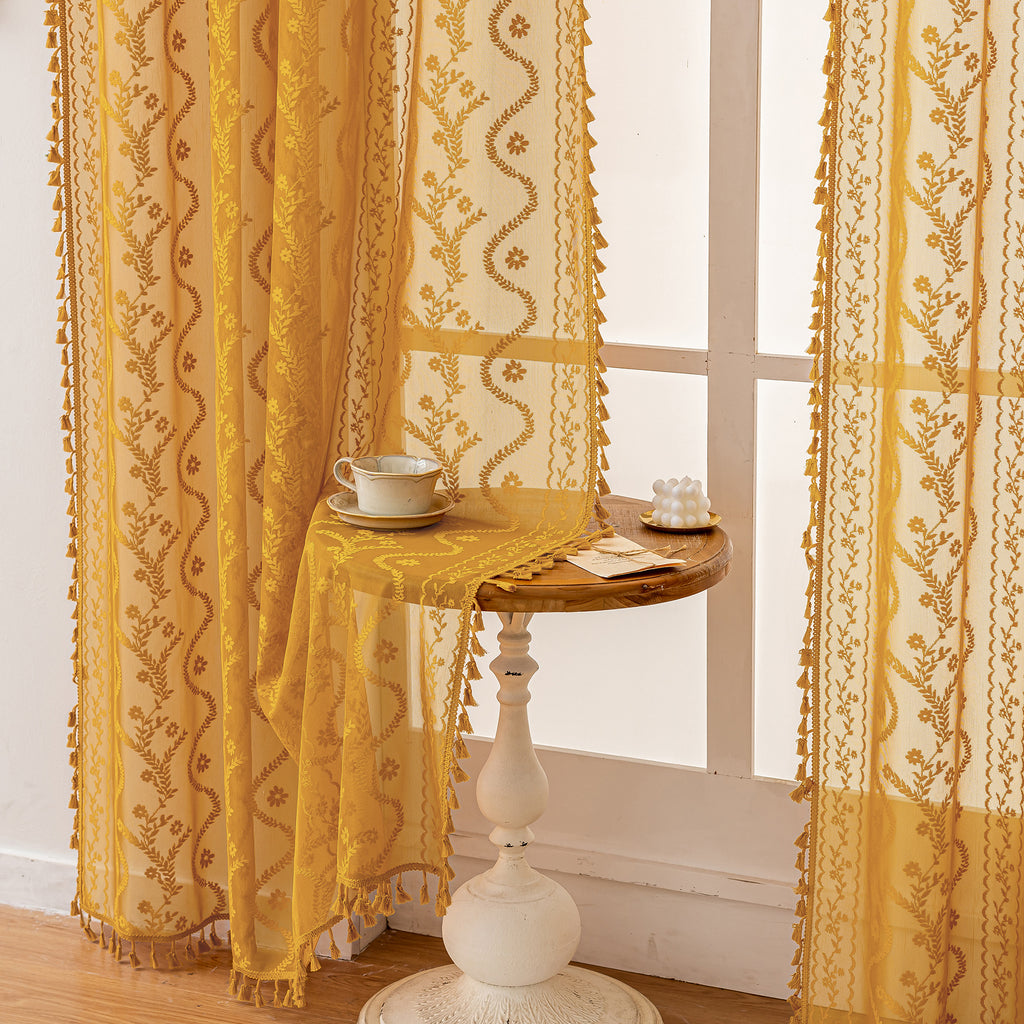 Marigold Boho Lace Sheer Curtain Panel with Tassel Trim – Light-Filtering Window Drape for Living Room & Bedroom(2 Panels)