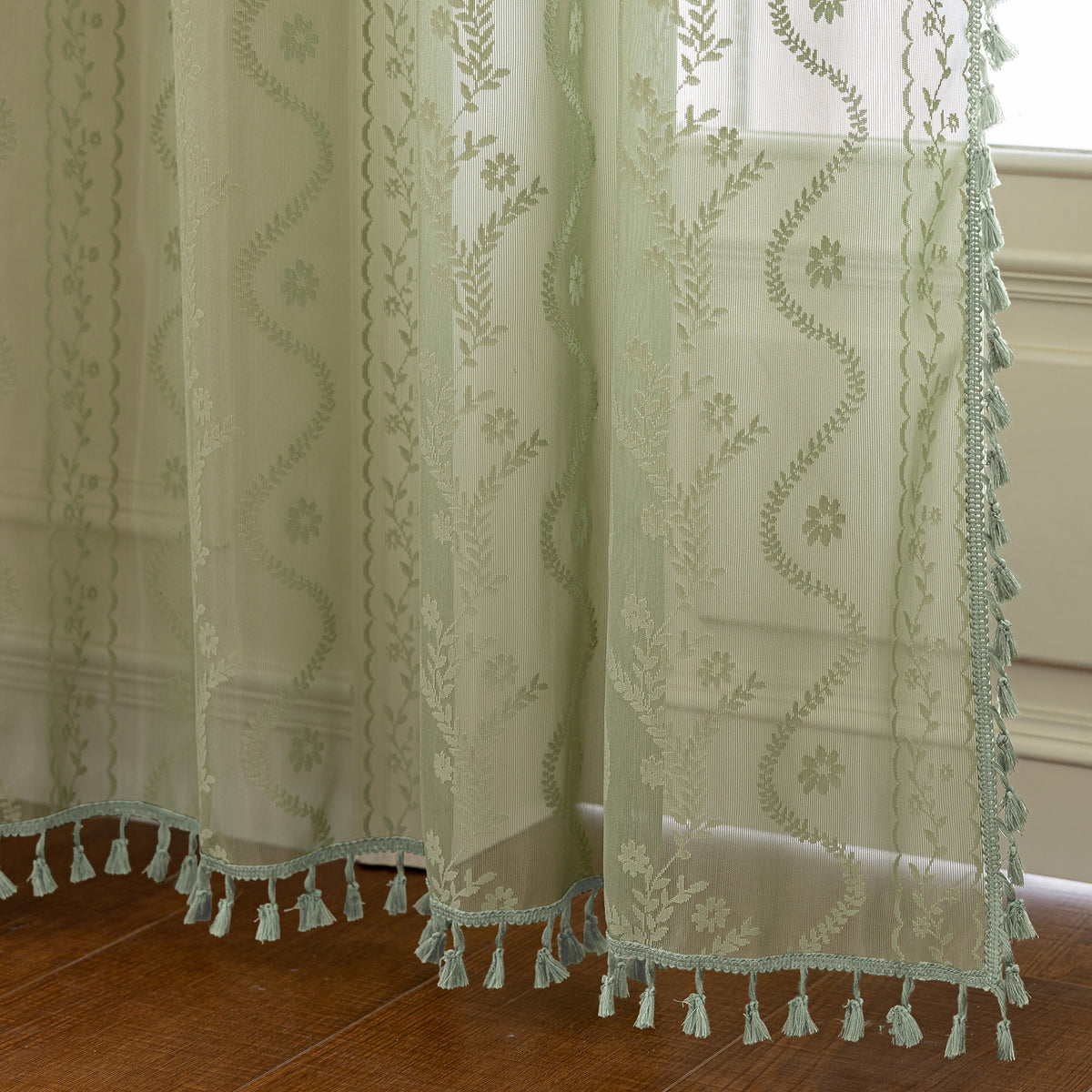 Sage Boho Lace Sheer Curtain Panel with Tassel Trim – Light-Filtering Window Drape for Living Room & Bedroom(2 Panels)