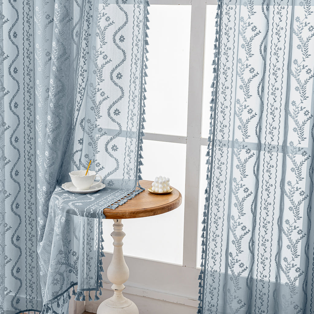 Dusty Blue Boho Lace Sheer Curtain Panel with Tassel Trim – Light-Filtering Window Drape for Living Room & Bedroom(2 Panels)