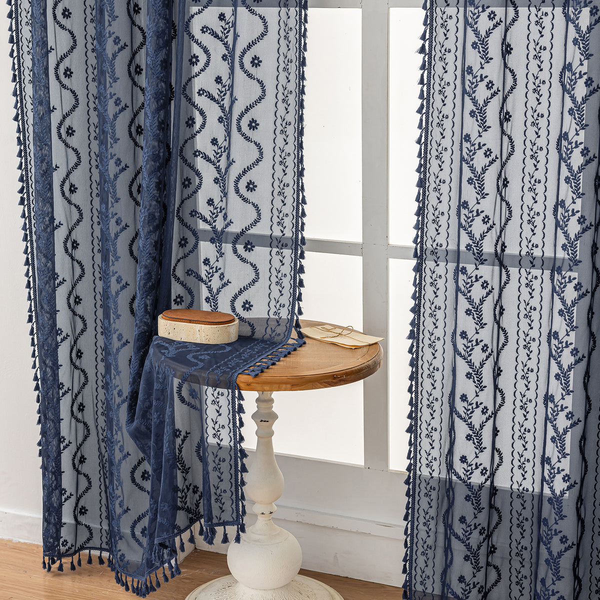 Navy Blue Boho Lace Sheer Curtain Panel with Tassel Trim – Light-Filtering Window Drape for Living Room & Bedroom(2 Panels)