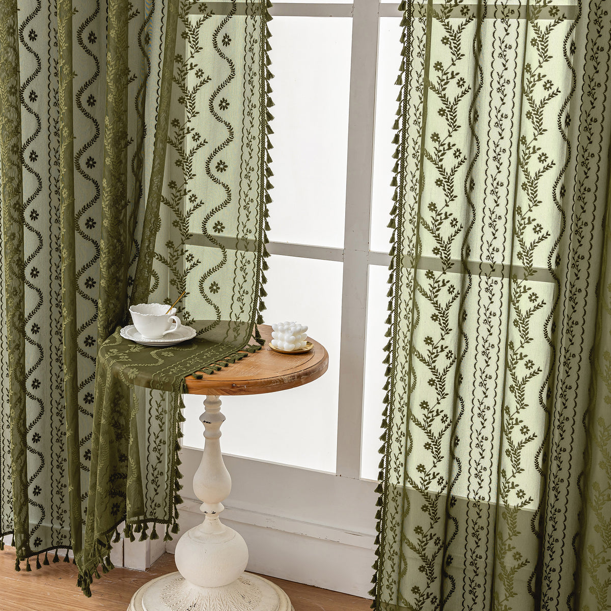 Olive Green Boho Lace Sheer Curtain Panel with Tassel Trim – Light-Filtering Window Drape for Living Room & Bedroom(2 Panels)