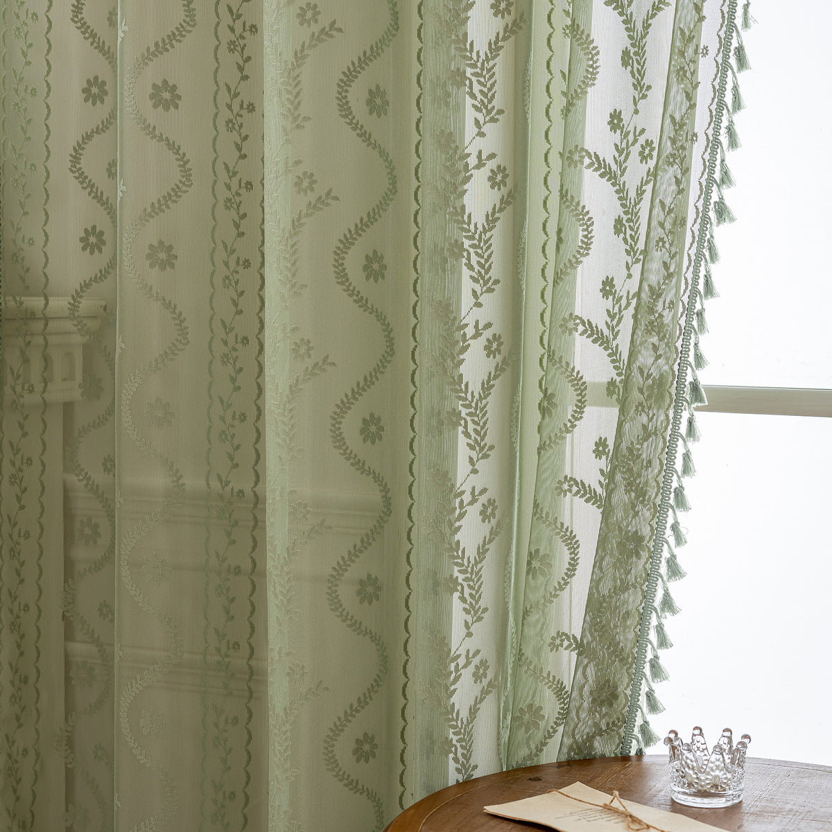 Sage Boho Lace Sheer Curtain Panel with Tassel Trim – Light-Filtering Window Drape for Living Room & Bedroom(2 Panels)