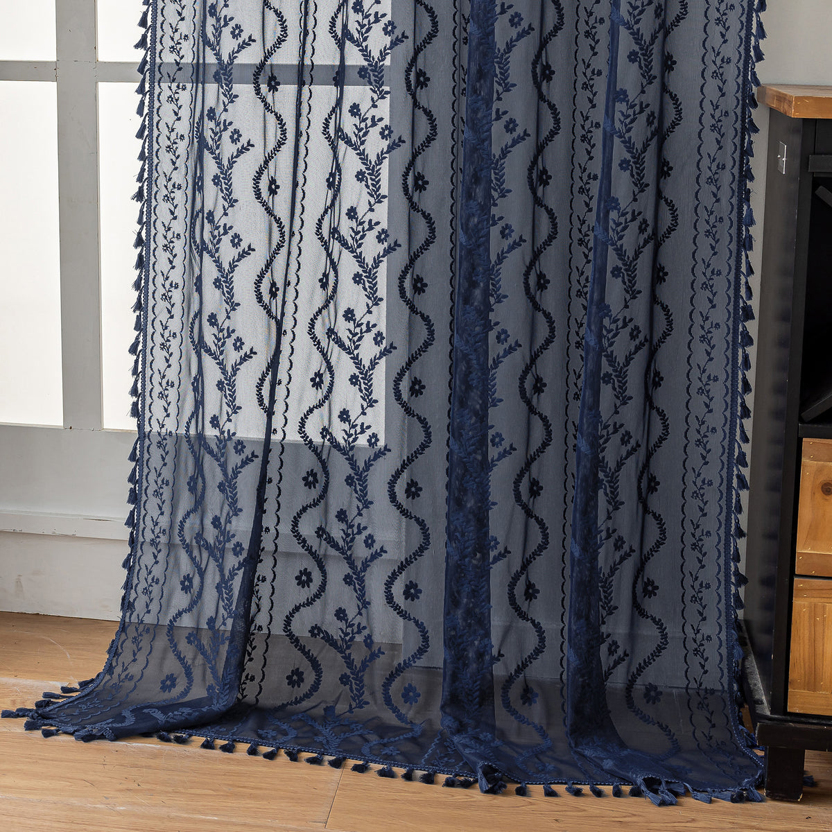 Navy Blue Boho Lace Sheer Curtain Panel with Tassel Trim – Light-Filtering Window Drape for Living Room & Bedroom(2 Panels)