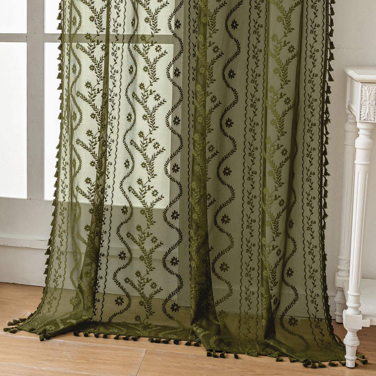 Olive Green Boho Lace Sheer Curtain Panel with Tassel Trim – Light-Filtering Window Drape for Living Room & Bedroom(2 Panels)