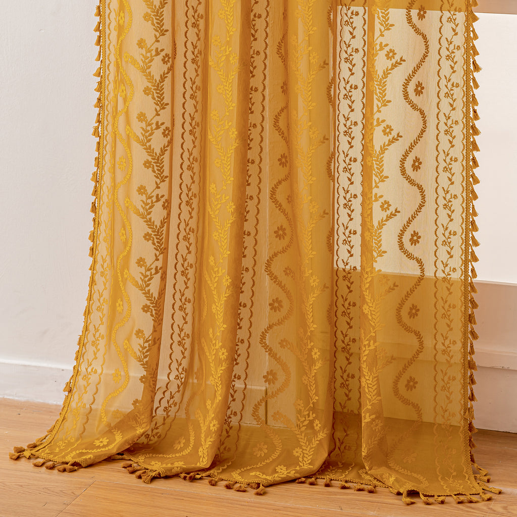 Marigold Boho Lace Sheer Curtain Panel with Tassel Trim – Light-Filtering Window Drape for Living Room & Bedroom(2 Panels)