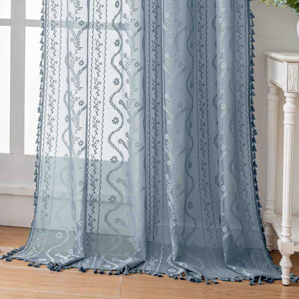 Dusty Blue Boho Lace Sheer Curtain Panel with Tassel Trim – Light-Filtering Window Drape for Living Room & Bedroom(2 Panels)