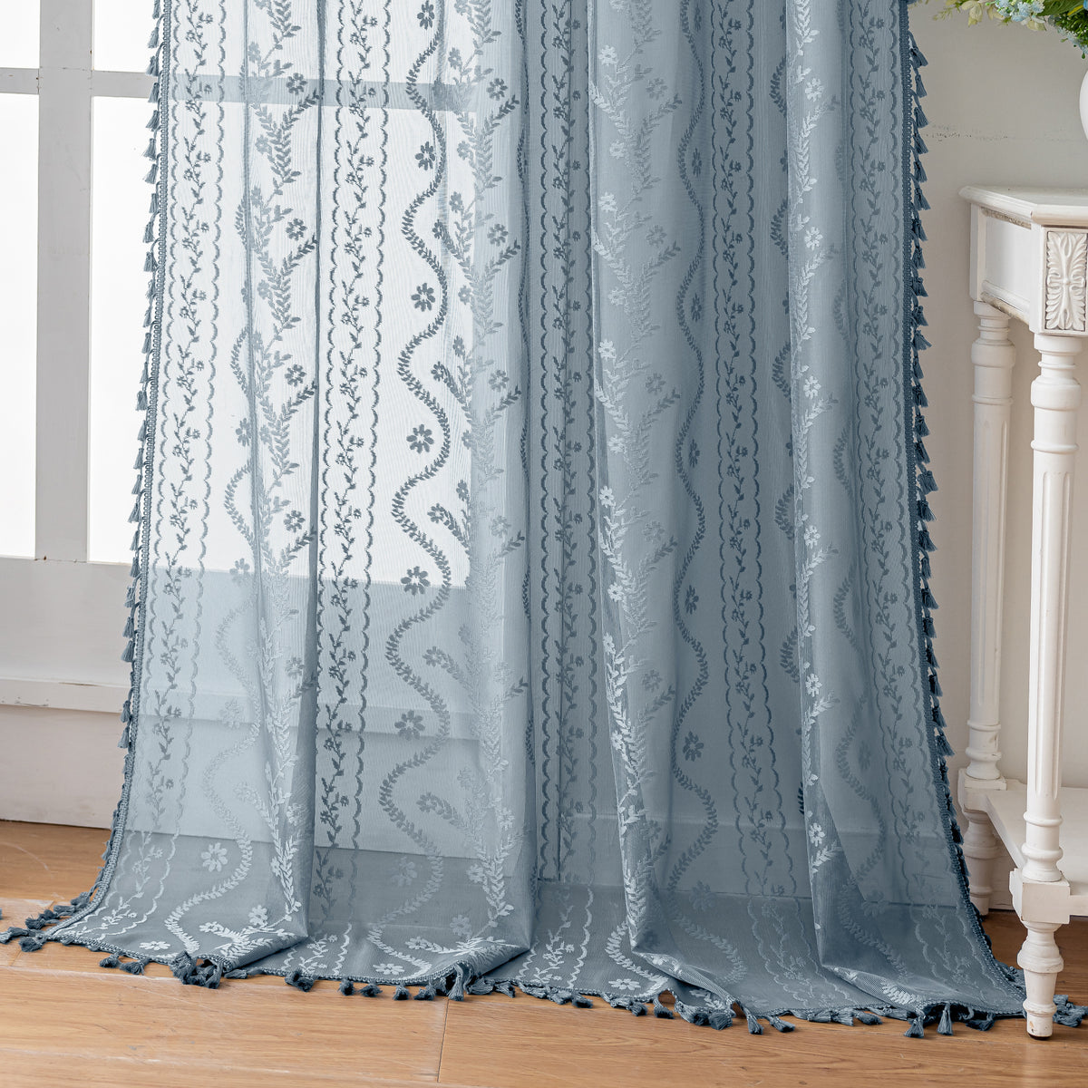 Dusty Blue Boho Lace Sheer Curtain Panel with Tassel Trim – Light-Filtering Window Drape for Living Room & Bedroom(2 Panels)
