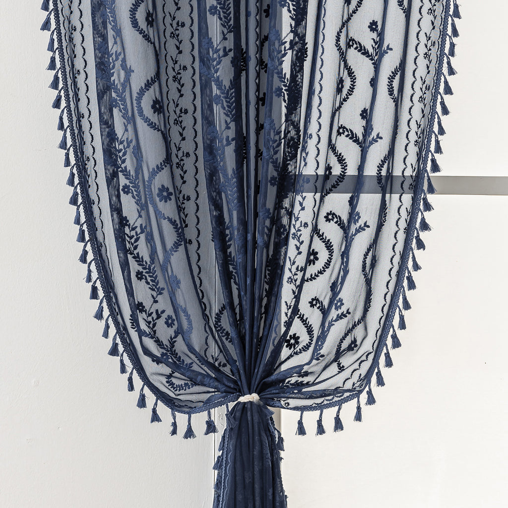 Navy Blue Boho Lace Sheer Curtain Panel with Tassel Trim – Light-Filtering Window Drape for Living Room & Bedroom(2 Panels)