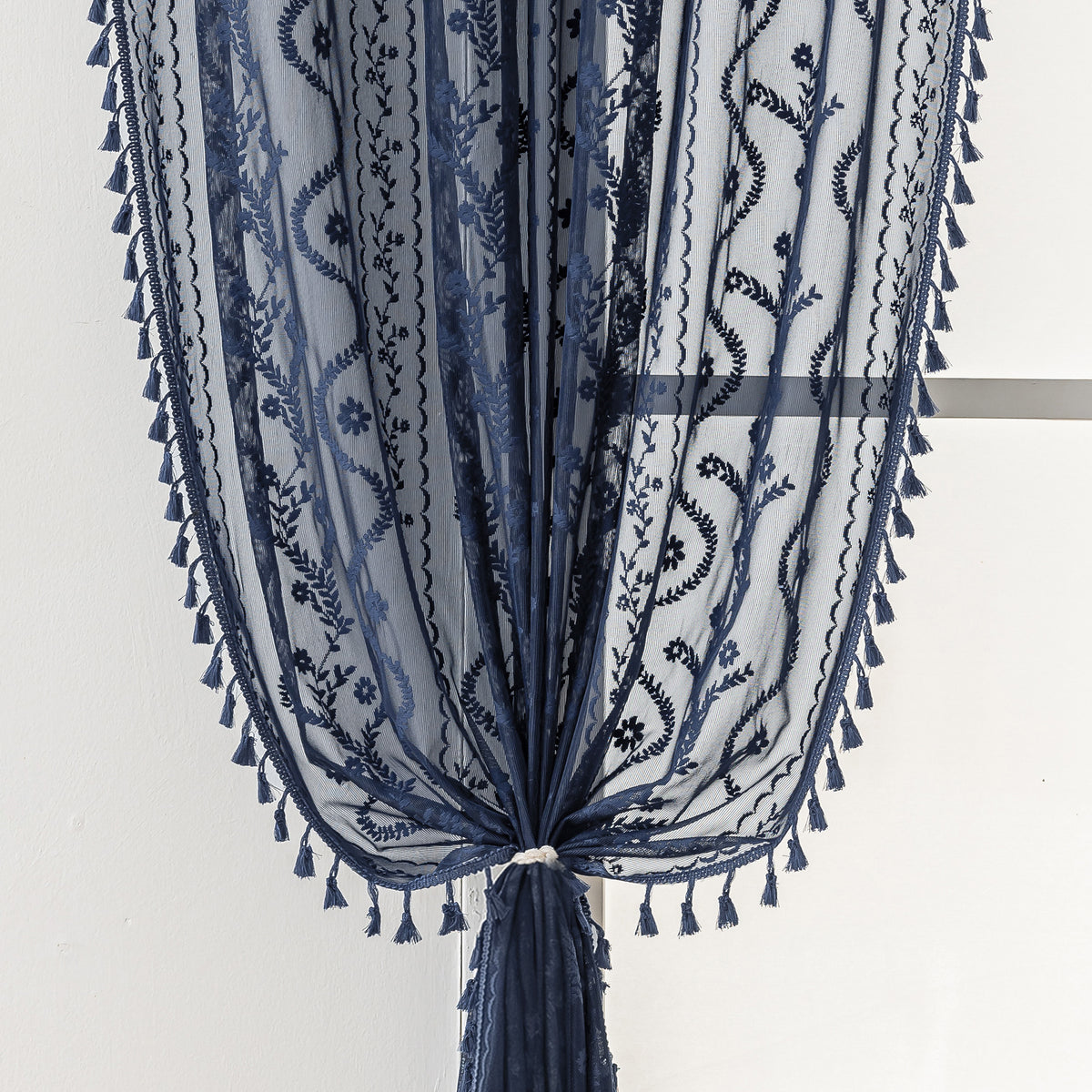 Navy Blue Boho Lace Sheer Curtain Panel with Tassel Trim – Light-Filtering Window Drape for Living Room & Bedroom(2 Panels)