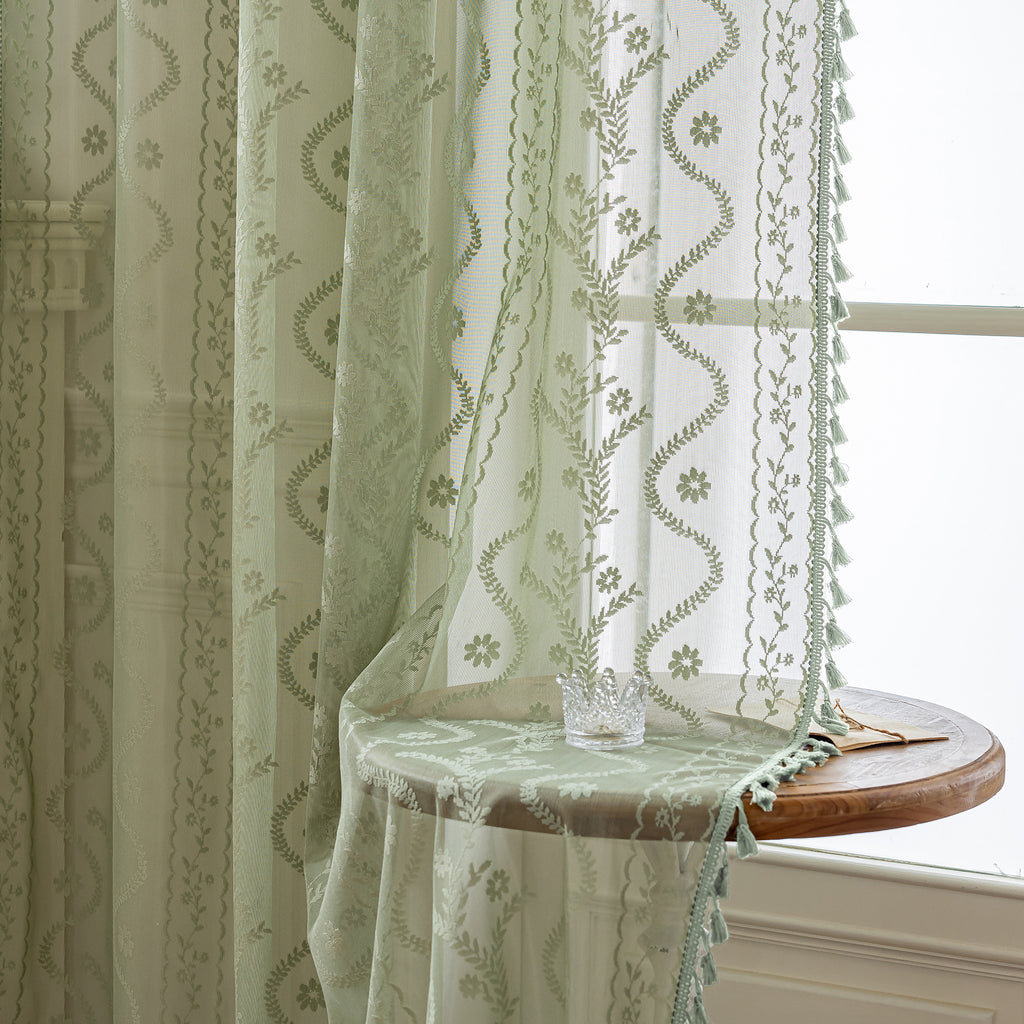 Sage Boho Lace Sheer Curtain Panel with Tassel Trim – Light-Filtering Window Drape for Living Room & Bedroom(2 Panels)