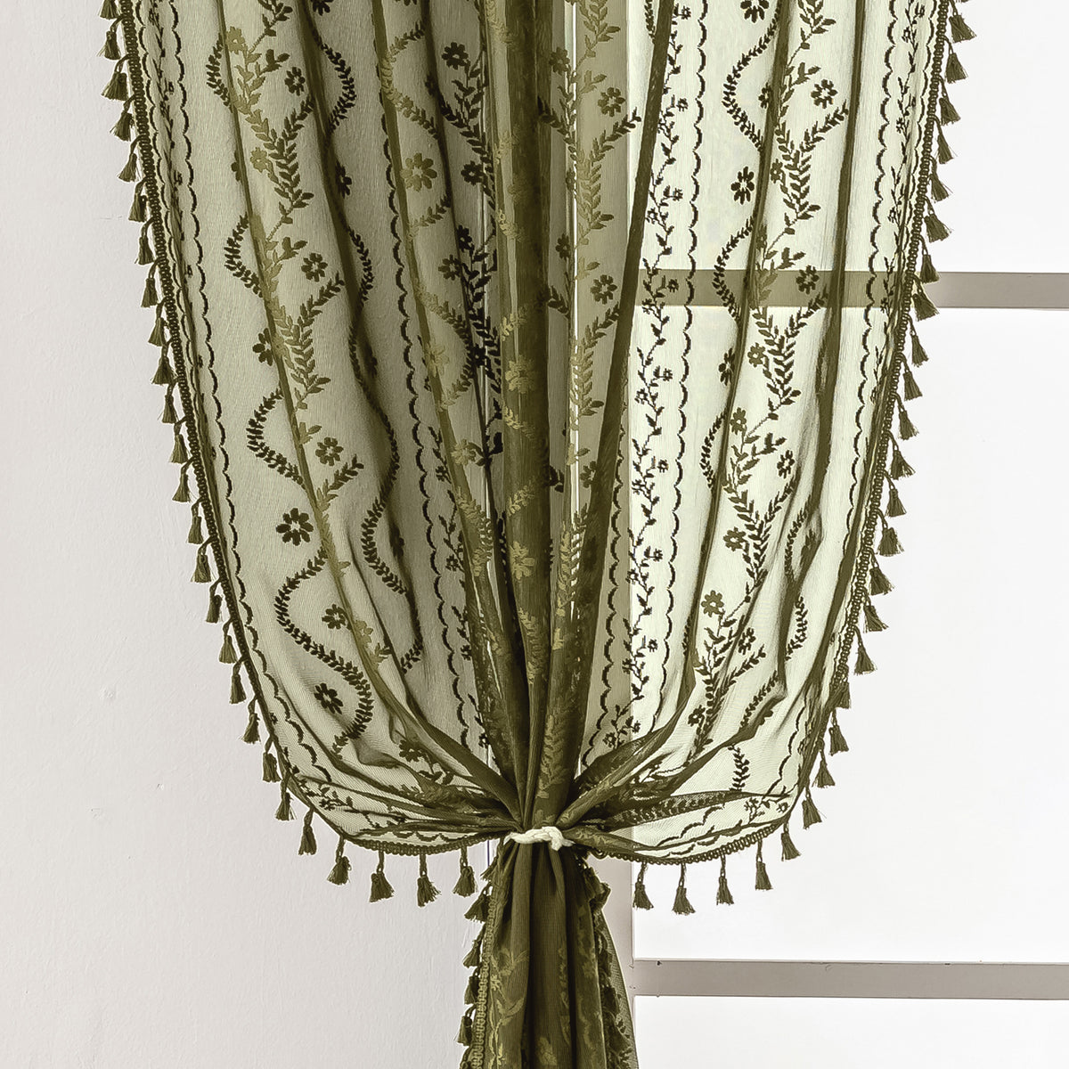 Olive Green Boho Lace Sheer Curtain Panel with Tassel Trim – Light-Filtering Window Drape for Living Room & Bedroom(2 Panels)