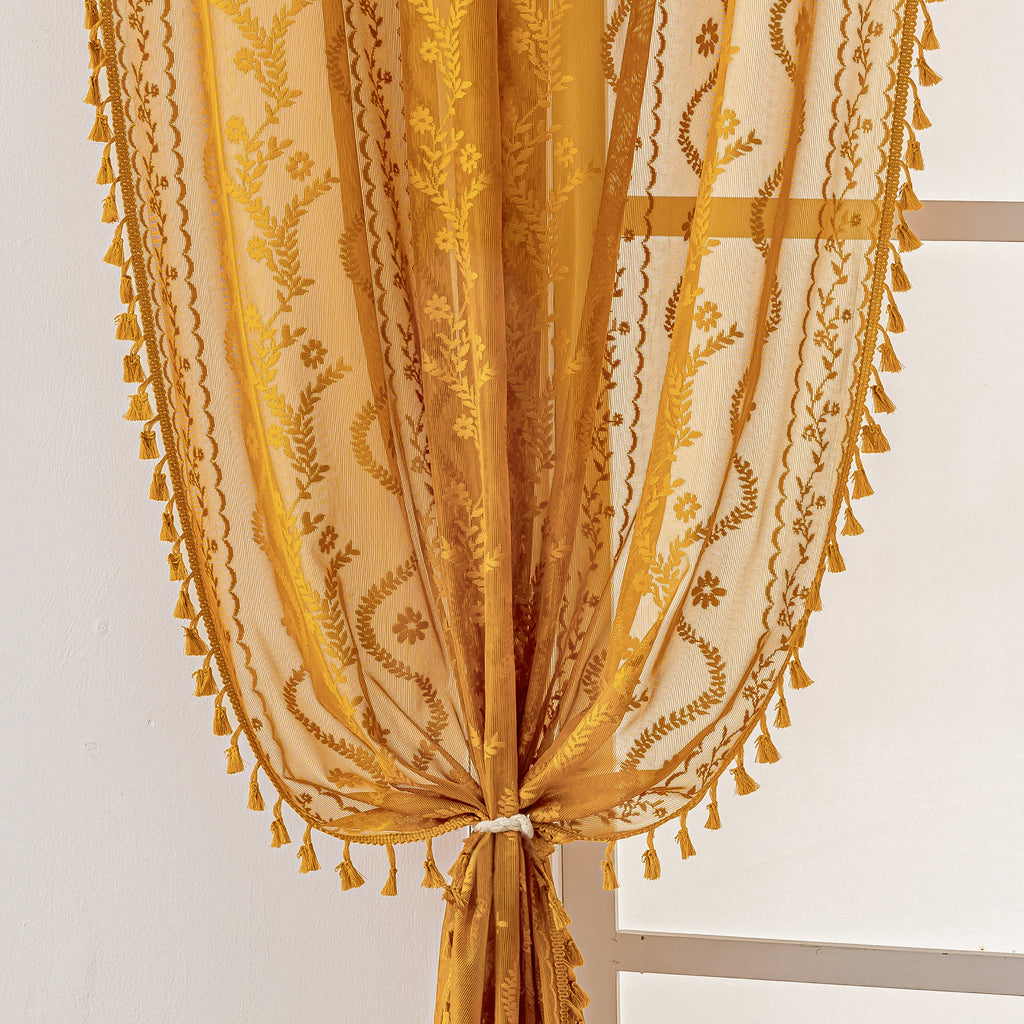 Marigold Boho Lace Sheer Curtain Panel with Tassel Trim – Light-Filtering Window Drape for Living Room & Bedroom(2 Panels)