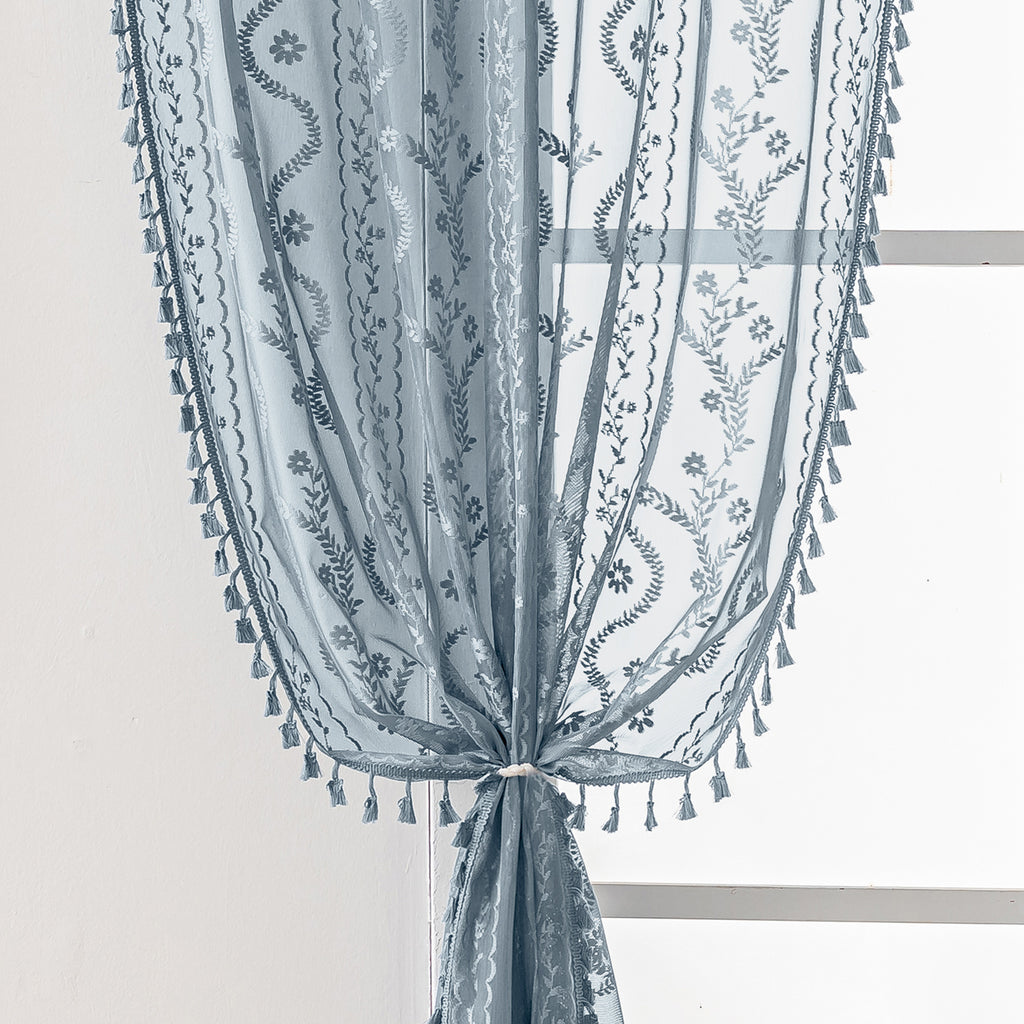 Dusty Blue Boho Lace Sheer Curtain Panel with Tassel Trim – Light-Filtering Window Drape for Living Room & Bedroom(2 Panels)
