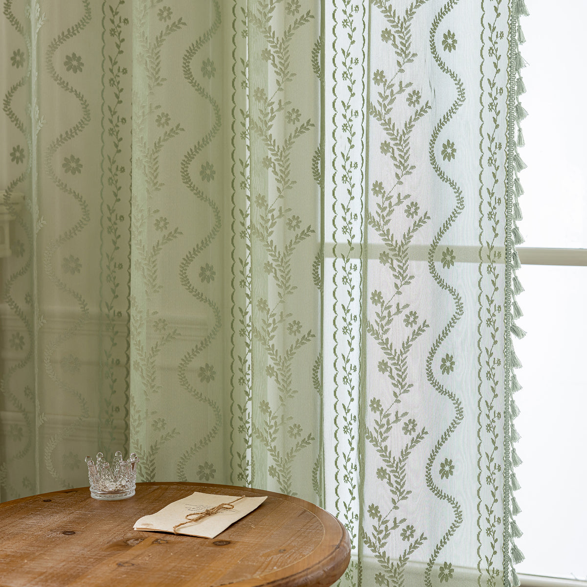 Sage Boho Lace Sheer Curtain Panel with Tassel Trim – Light-Filtering Window Drape for Living Room & Bedroom(2 Panels)