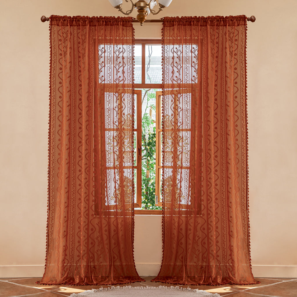 Burnt Orange Boho Lace Sheer Curtain Panel with Tassel Trim – Light-Filtering Window Drape for Living Room & Bedroom(2 Panels)