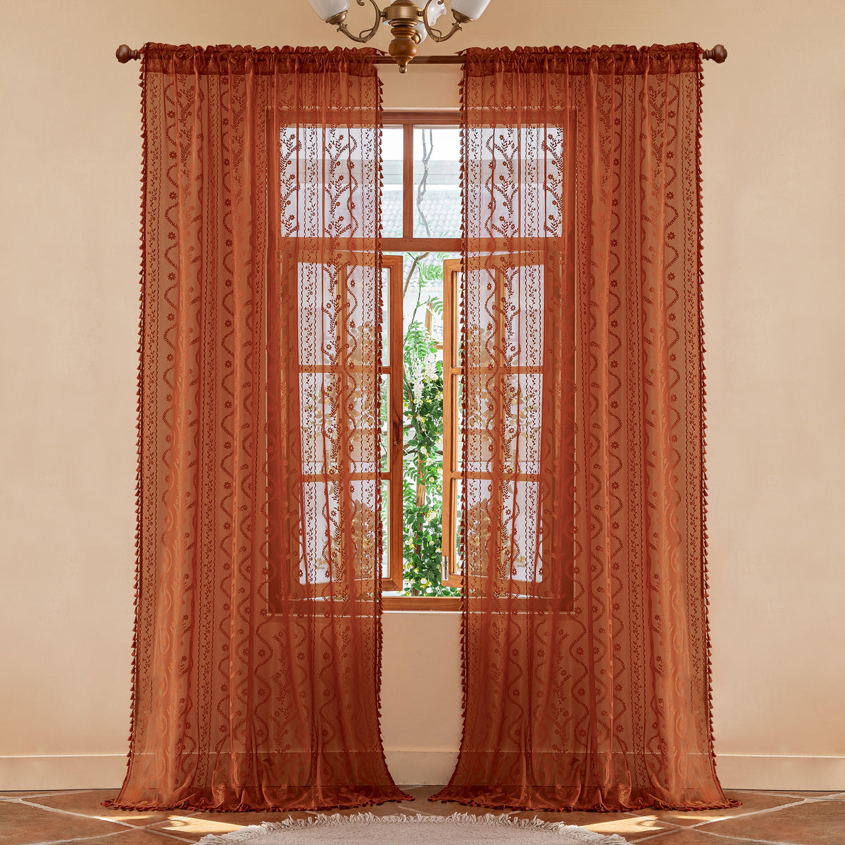Burnt Orange Boho Lace Sheer Curtain Panel with Tassel Trim – Light-Filtering Window Drape for Living Room & Bedroom(2 Panels)