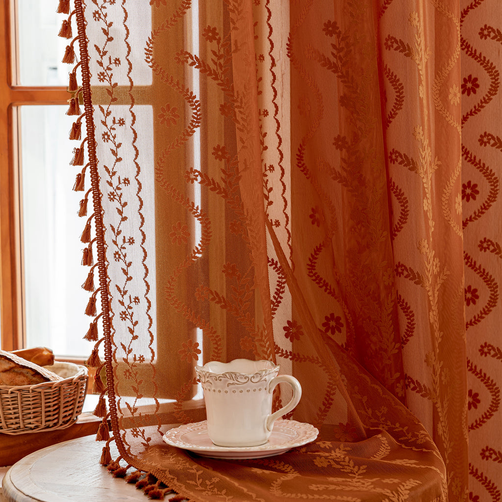 Burnt Orange Boho Lace Sheer Curtain Panel with Tassel Trim – Light-Filtering Window Drape for Living Room & Bedroom(2 Panels)