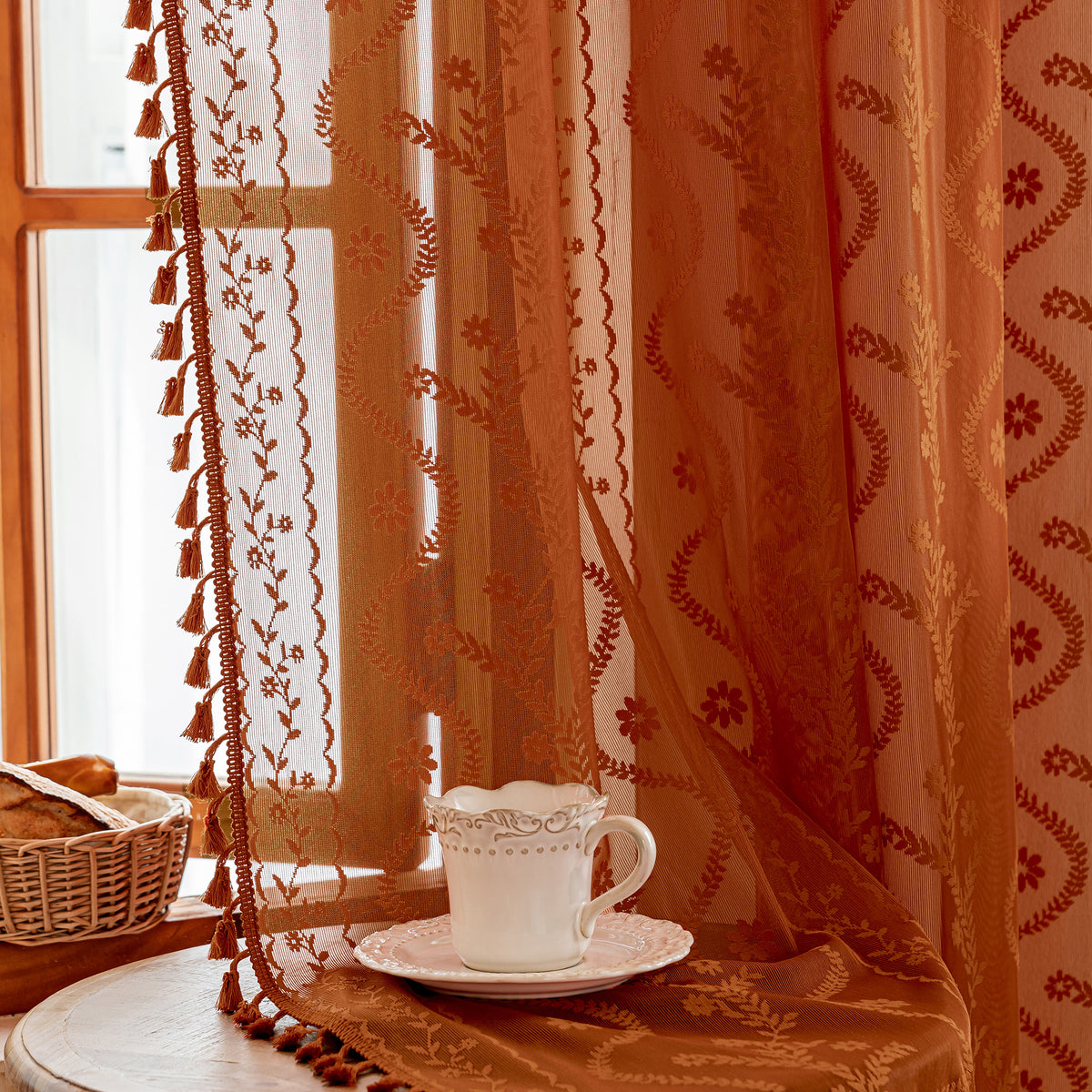 Burnt Orange Boho Lace Sheer Curtain Panel with Tassel Trim – Light-Filtering Window Drape for Living Room & Bedroom(2 Panels)