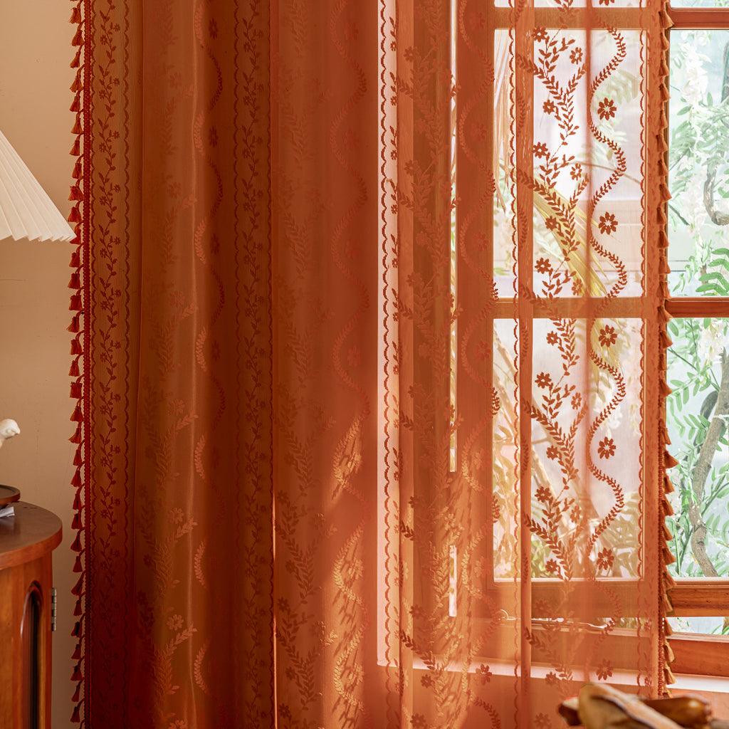 Burnt Orange Boho Lace Sheer Curtain Panel with Tassel Trim – Light-Filtering Window Drape for Living Room & Bedroom(2 Panels)