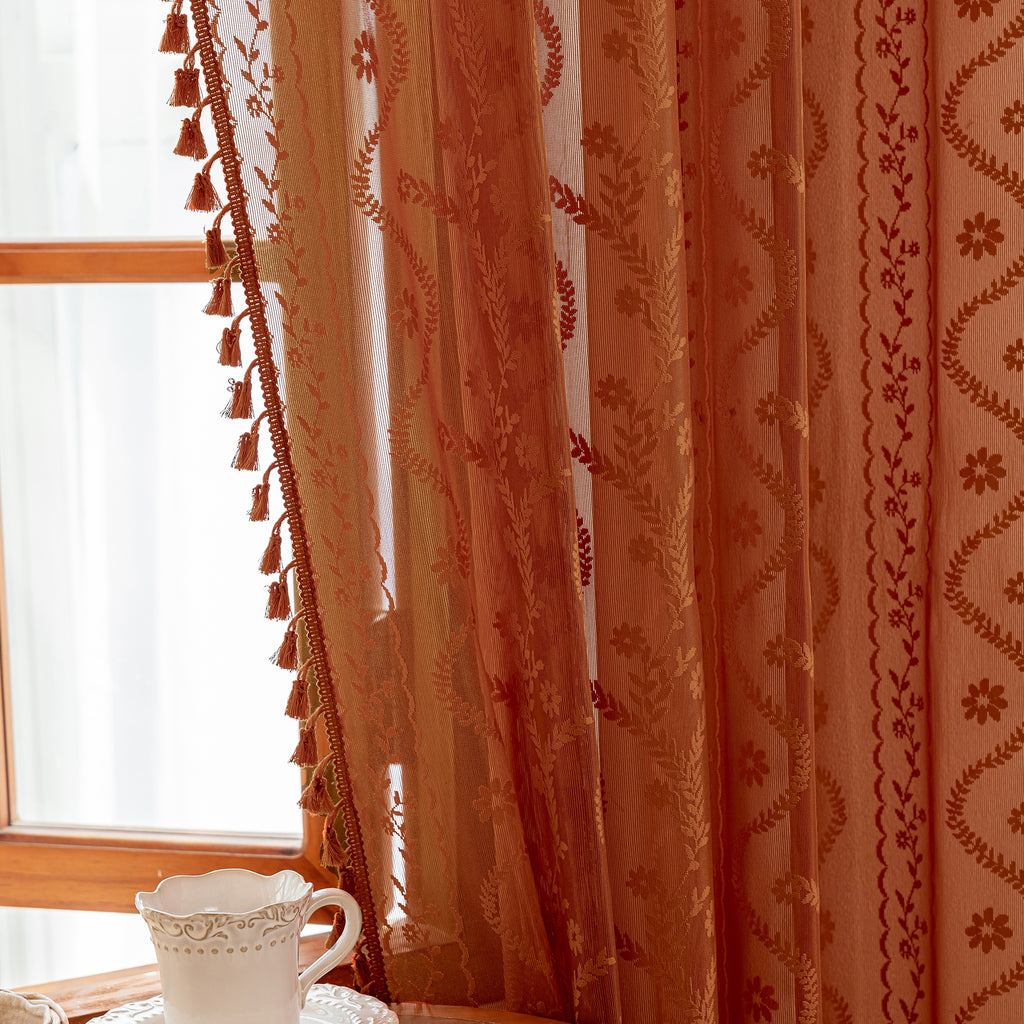 Burnt Orange Boho Lace Sheer Curtain Panel with Tassel Trim – Light-Filtering Window Drape for Living Room & Bedroom(2 Panels)