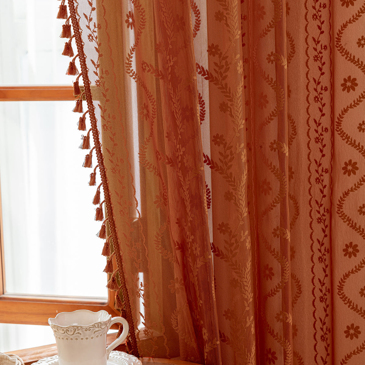 Burnt Orange Boho Lace Sheer Curtain Panel with Tassel Trim – Light-Filtering Window Drape for Living Room & Bedroom(2 Panels)