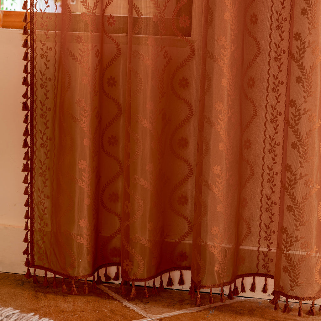 Burnt Orange Boho Lace Sheer Curtain Panel with Tassel Trim – Light-Filtering Window Drape for Living Room & Bedroom(2 Panels)