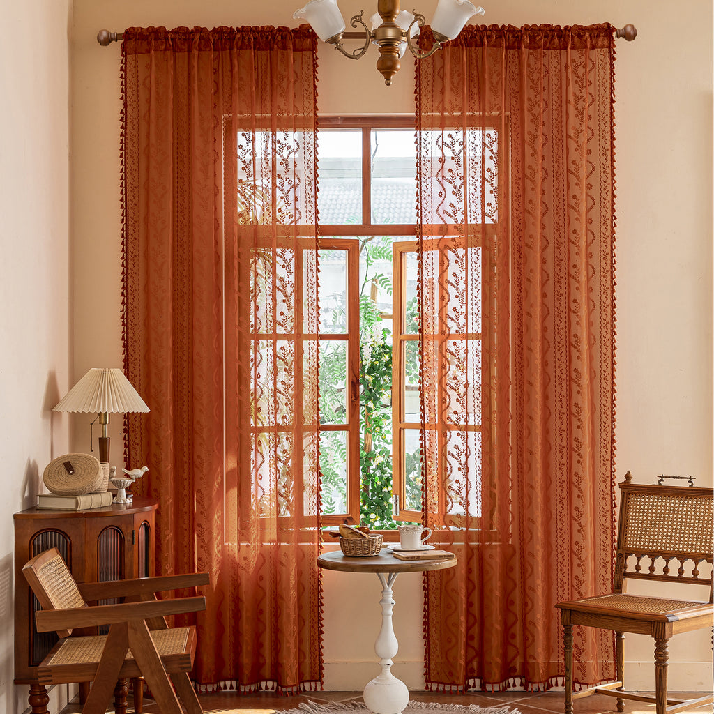 Burnt Orange Boho Lace Sheer Curtain Panel with Tassel Trim – Light-Filtering Window Drape for Living Room & Bedroom(2 Panels)