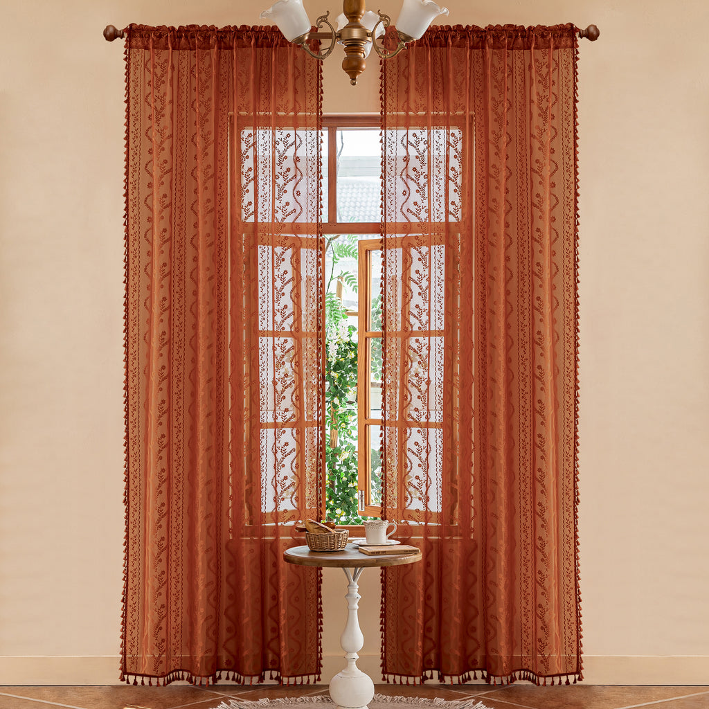 Burnt Orange Boho Lace Sheer Curtain Panel with Tassel Trim – Light-Filtering Window Drape for Living Room & Bedroom(2 Panels)