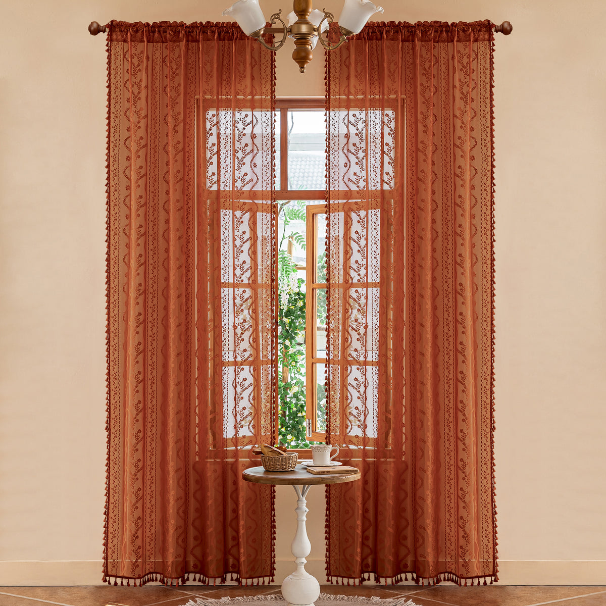 Burnt Orange Boho Lace Sheer Curtain Panel with Tassel Trim – Light-Filtering Window Drape for Living Room & Bedroom(2 Panels)