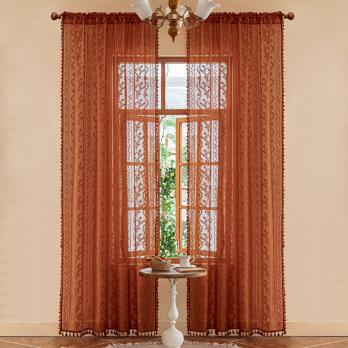 Burnt Orange Boho Lace Sheer Curtain Panel with Tassel Trim – Light-Filtering Window Drape for Living Room & Bedroom(2 Panels)
